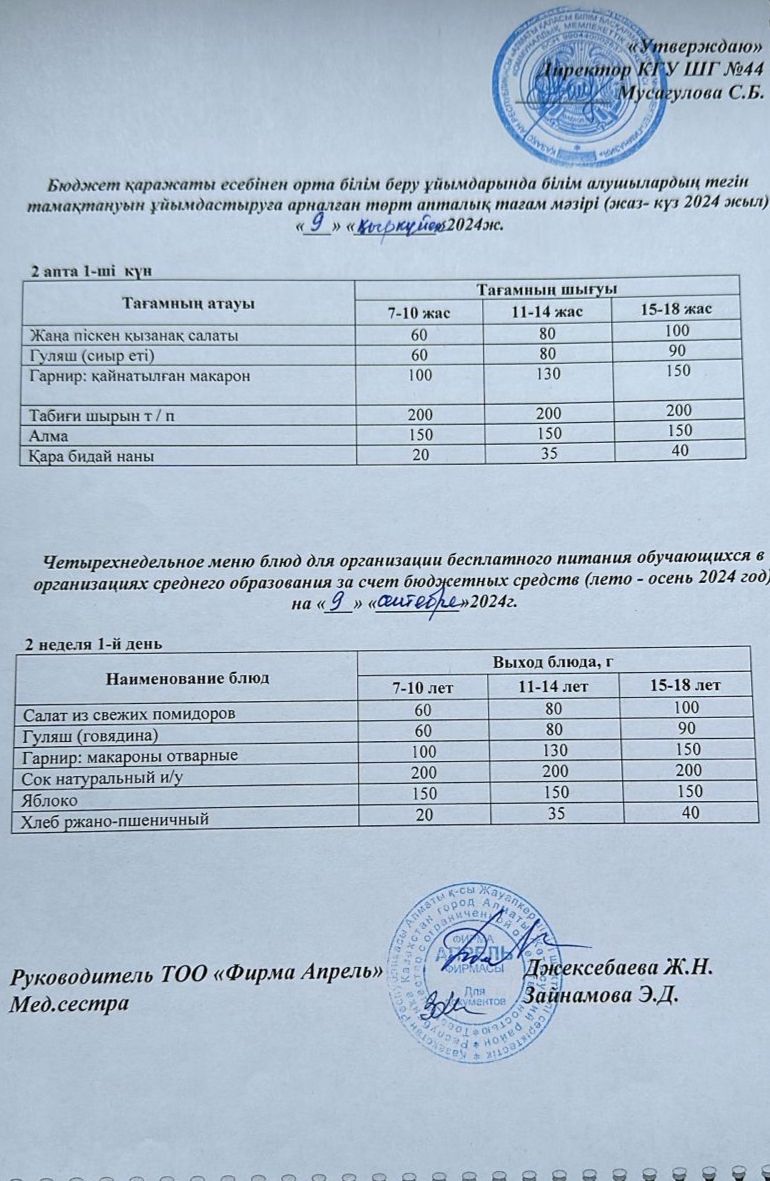 Четырехнедельное меню блюд для организации бесплатного питания обучающихся в организациях среднего образования за счет бюджетных средств лето-осень 2024г