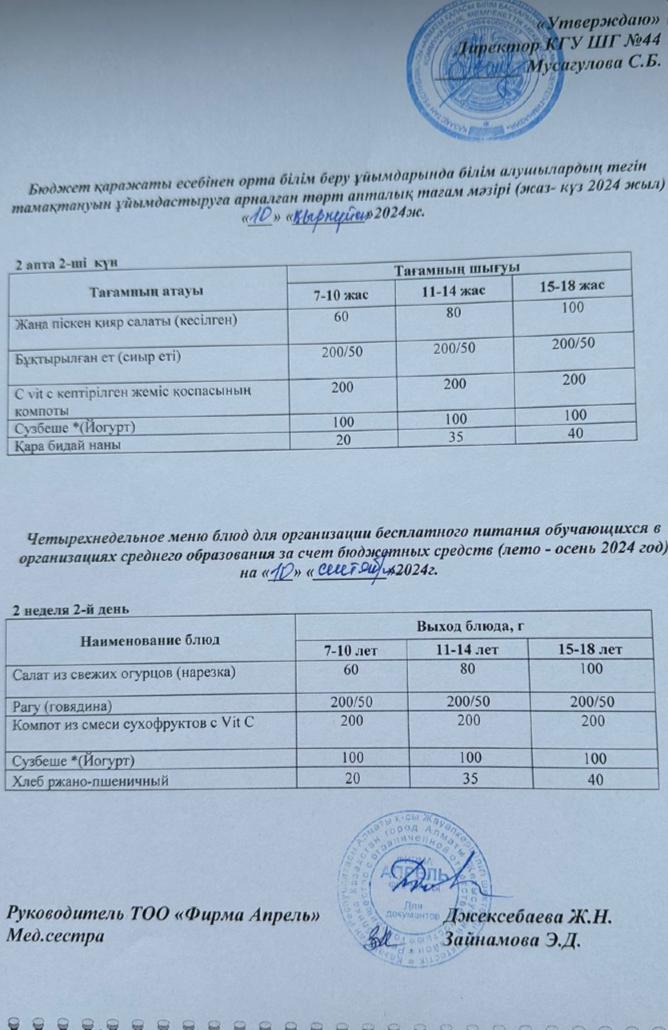 Четырехнедельное меню блюд для организации бесплатного питания обучающихся в организациях среднего образования за счет бюджетных средств лето-осень 2024г