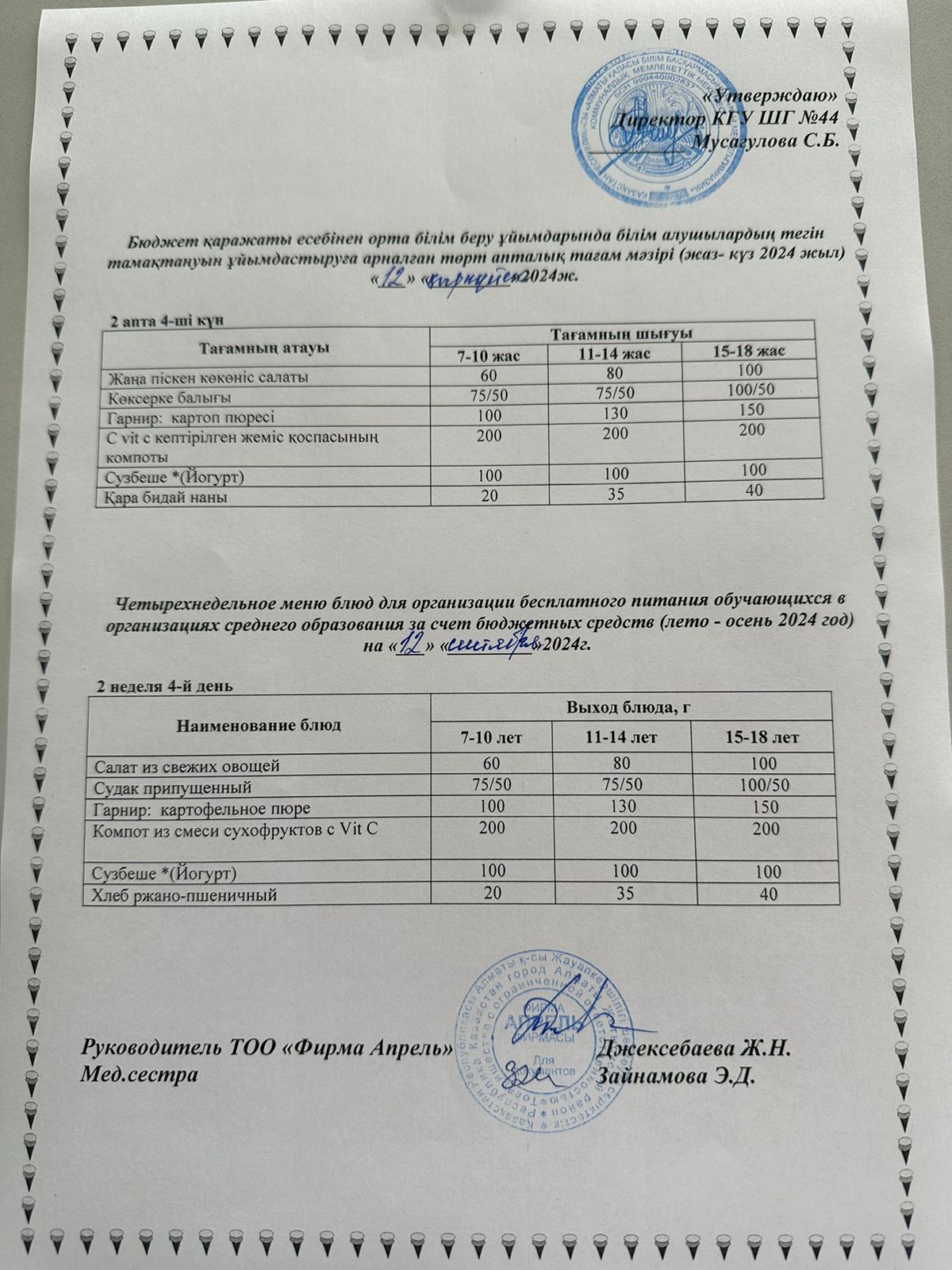 Четырехнедельное меню блюд для организации бесплатного питания обучающихся в организациях среднего образования за счет бюджетных средств лето-осень 2024г