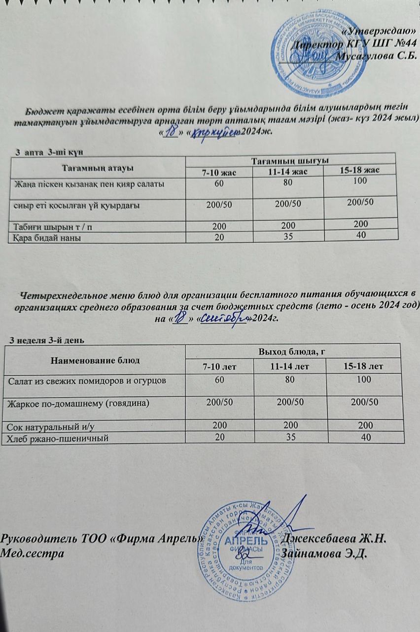 Бюджет қаражаты есебінен орта білім беру ұйымдарында білім алушыларды тегін тамақтандыруды ұйымдастыру тағамдарының төрт апталық мәзірі (2024 ж. жаз-күз))Четырехнедельное меню блюд организации бесплатного питания обучающихся в организациях среднего о