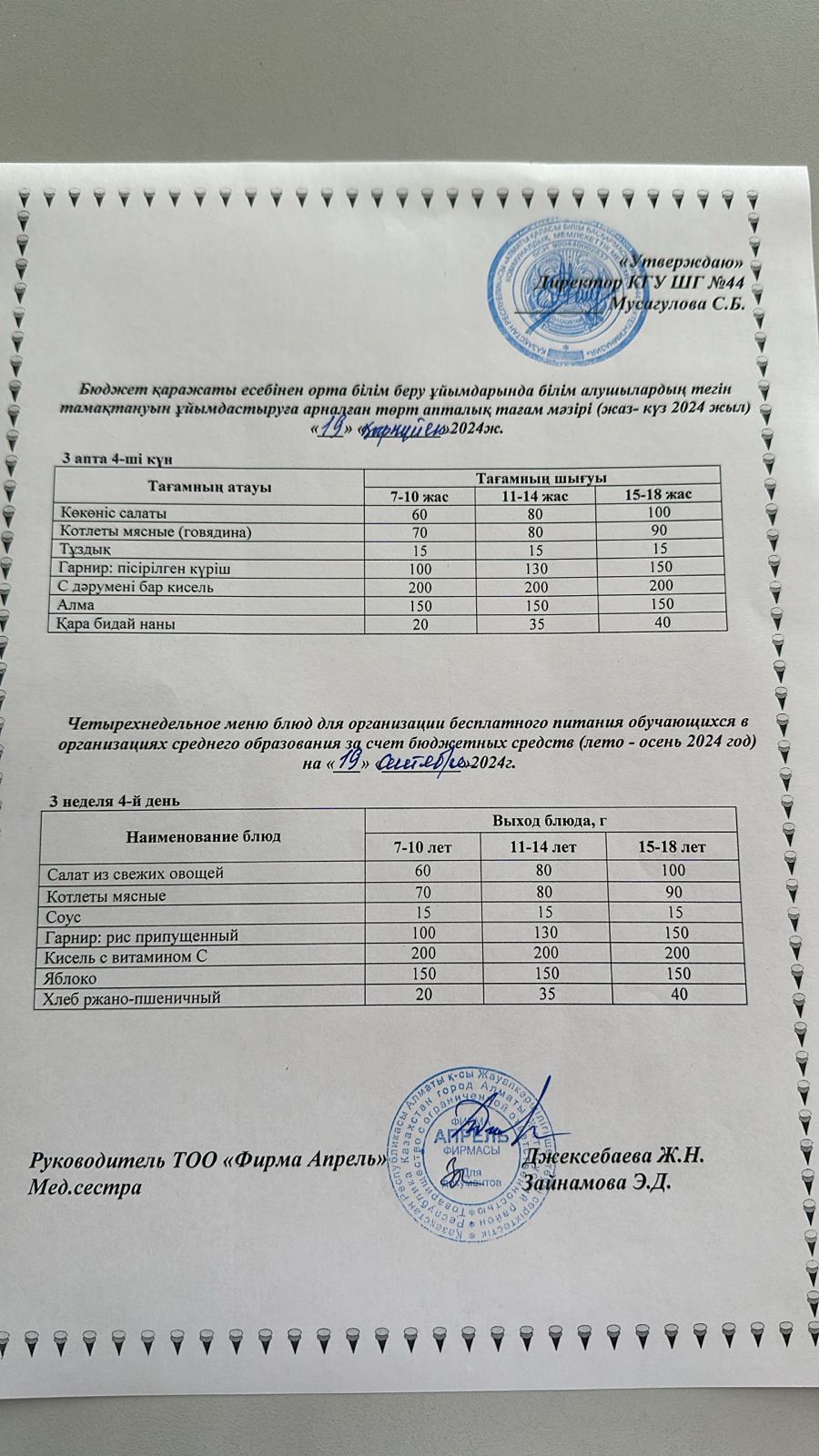 Четырехнедельное меню блюд для организации бесплатного питания обучающихся в организациях среднего образования за счет бюджетных средств лето-осень 2024г