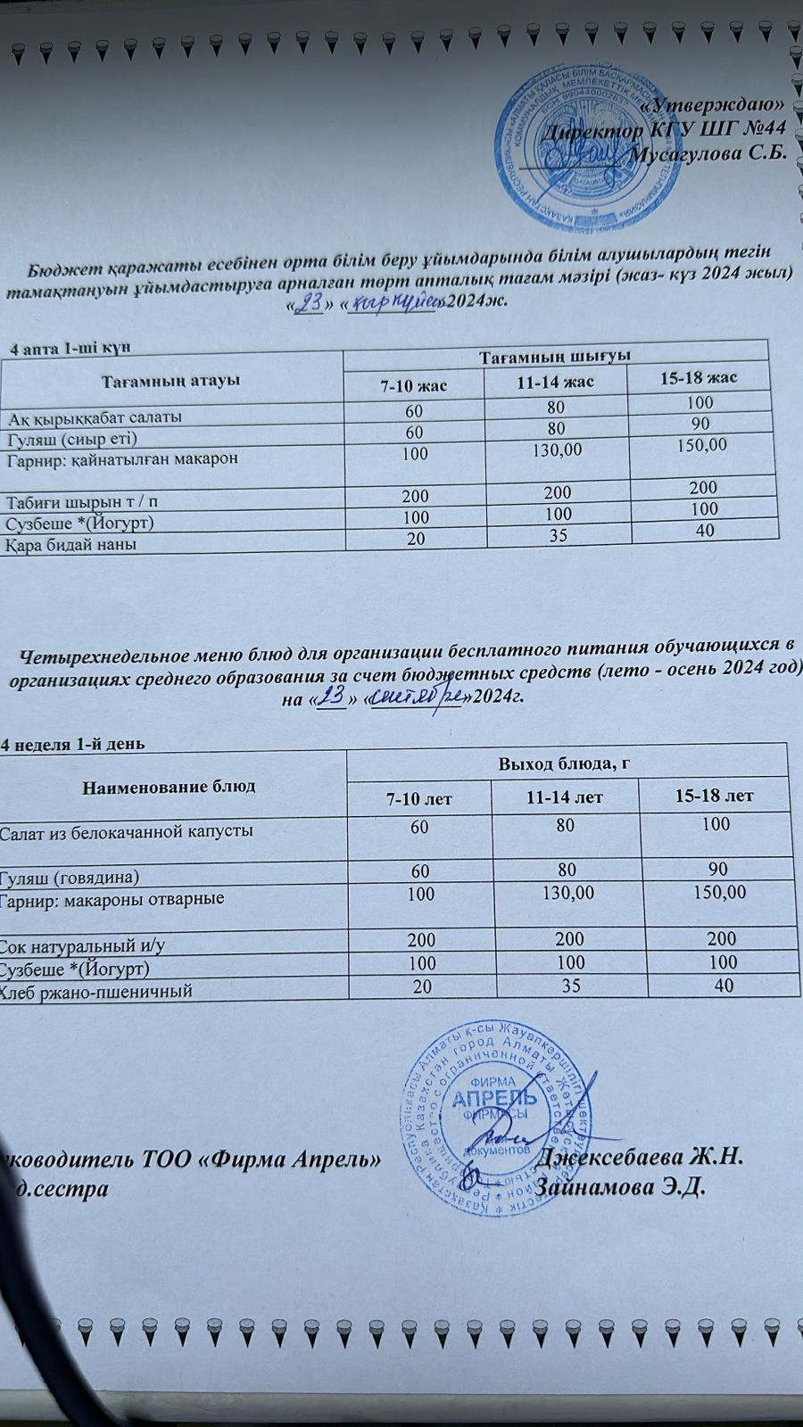 Четырехнедельное меню блюд для организации бесплатного питания обучающихся в организациях среднего образования за счет бюджетных средств лето-осень 2024г