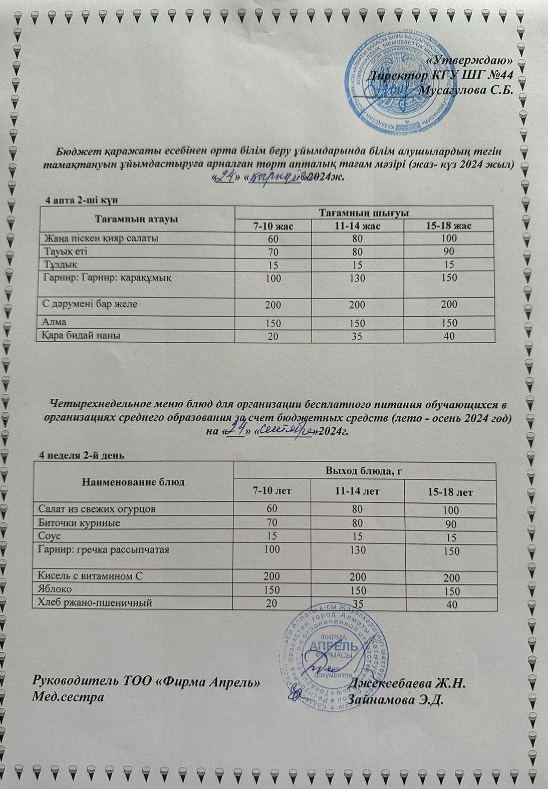 Четырехнедельное меню блюд для организации бесплатного питания обучающихся в организациях среднего образования за счет бюджетных средств лето-осень 2024г