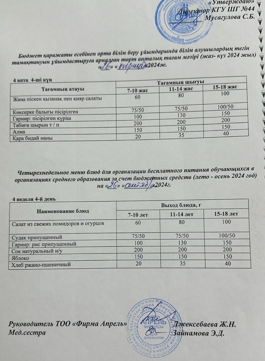 Четырехнедельное меню блюд для организации бесплатного питания обучающихся в организациях среднего образования за счет бюджетных средств лето-осень 2024г