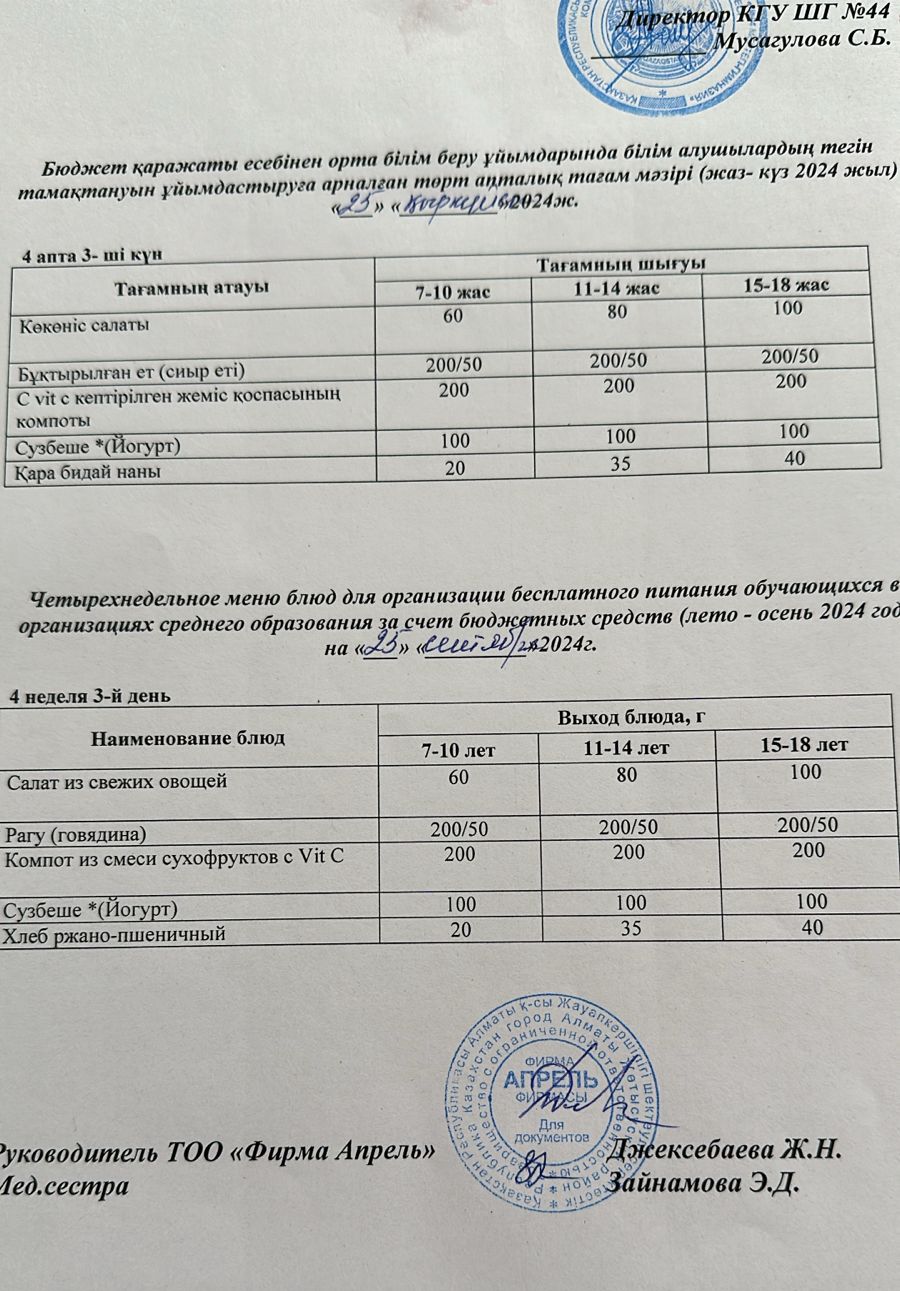 Четырехнедельное меню блюд для организации бесплатного питания обучающихся в организациях среднего образования за счет бюджетных средств лето-осень 2024г