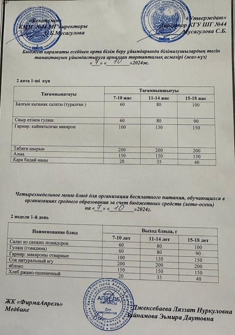 Четырехнедельное меню блюд для организации бесплатного питания обучающихся в организациях среднего образования за счет бюджетных средств лето-осень 2024г