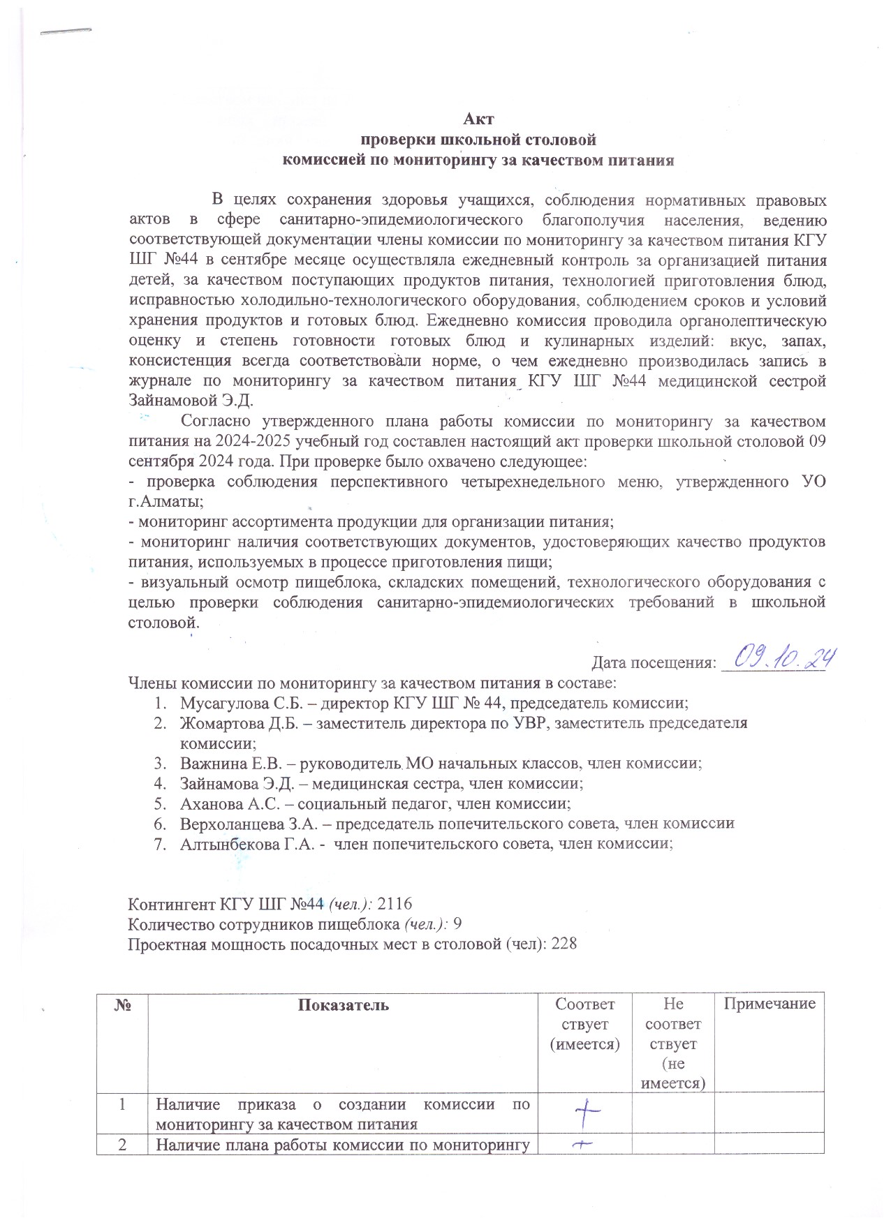 АКТ №3 проверки школьной столовой комиссии по мониторингу за качеством питания