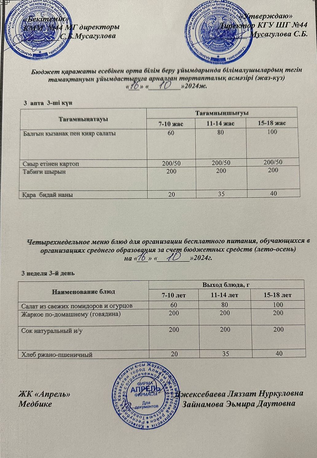 Четырехнедельное меню блюд для организации бесплатного питания обучающихся в организациях среднего образования за счет бюджетных средств лето-осень 2024г