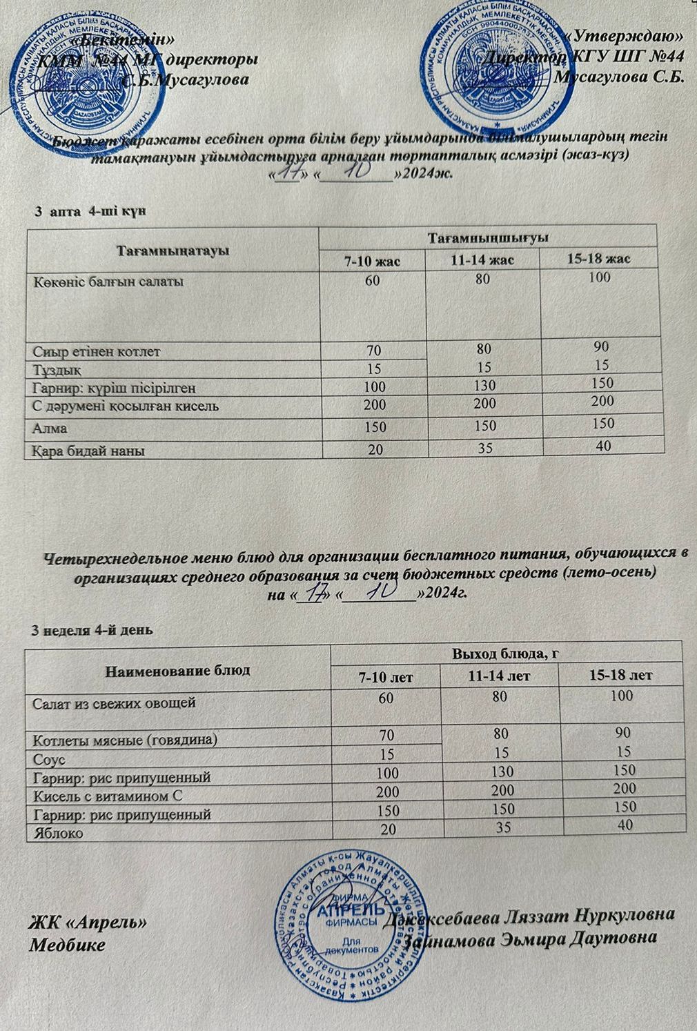 Четырехнедельное меню блюд для организации бесплатного питания обучающихся в организациях среднего образования за счет бюджетных средств лето-осень 2024г