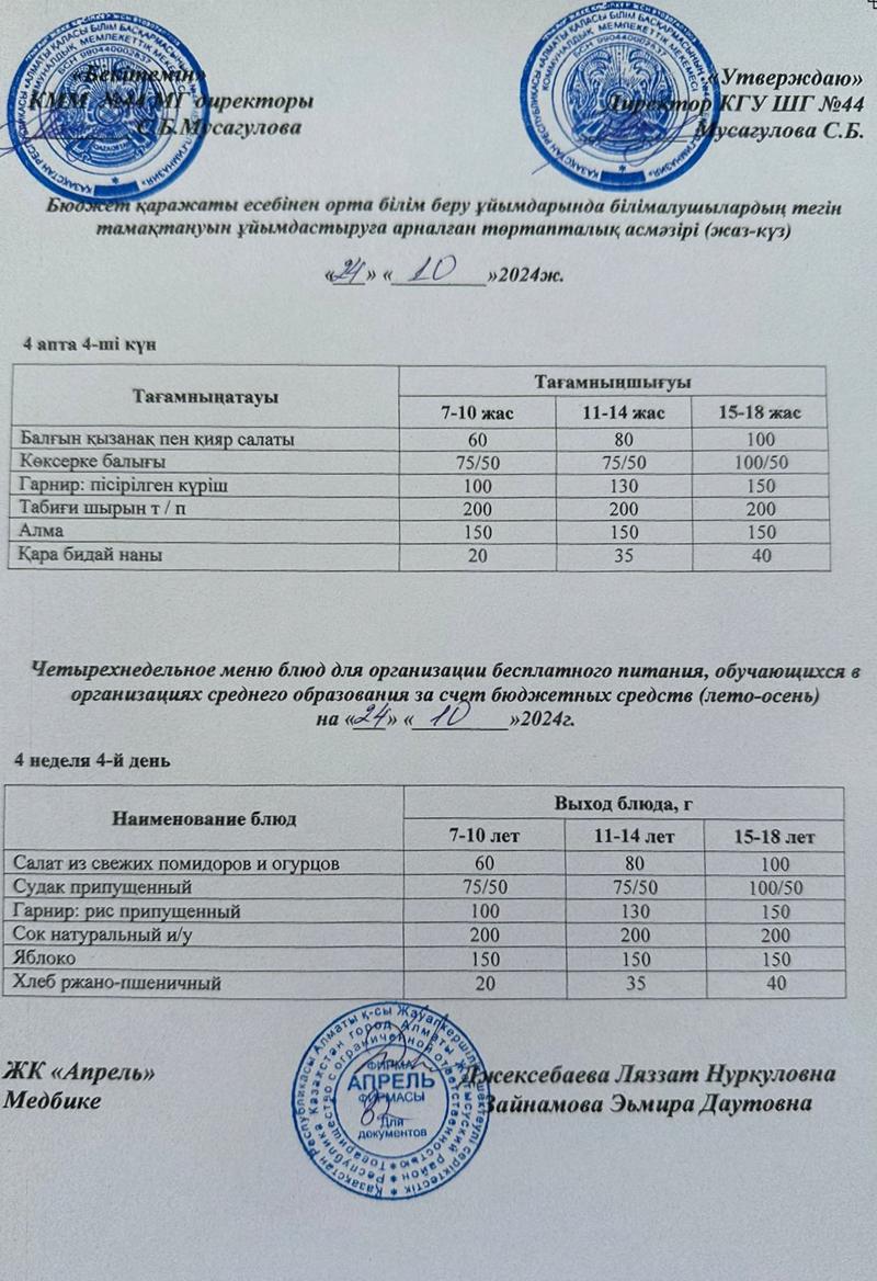 Четырехнедельное меню блюд для организации бесплатного питания обучающихся в организациях среднего образования за счет бюджетных средств лето-осень 2024г