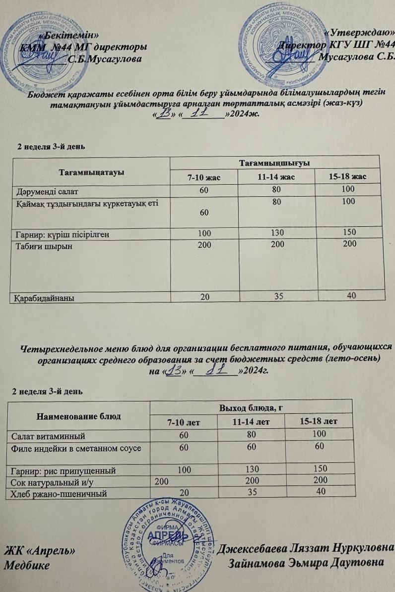 Четырехнедельное меню блюд для организации бесплатного питания обучающихся в организациях среднего образования за счет бюджетных средств лето-осень 2024г