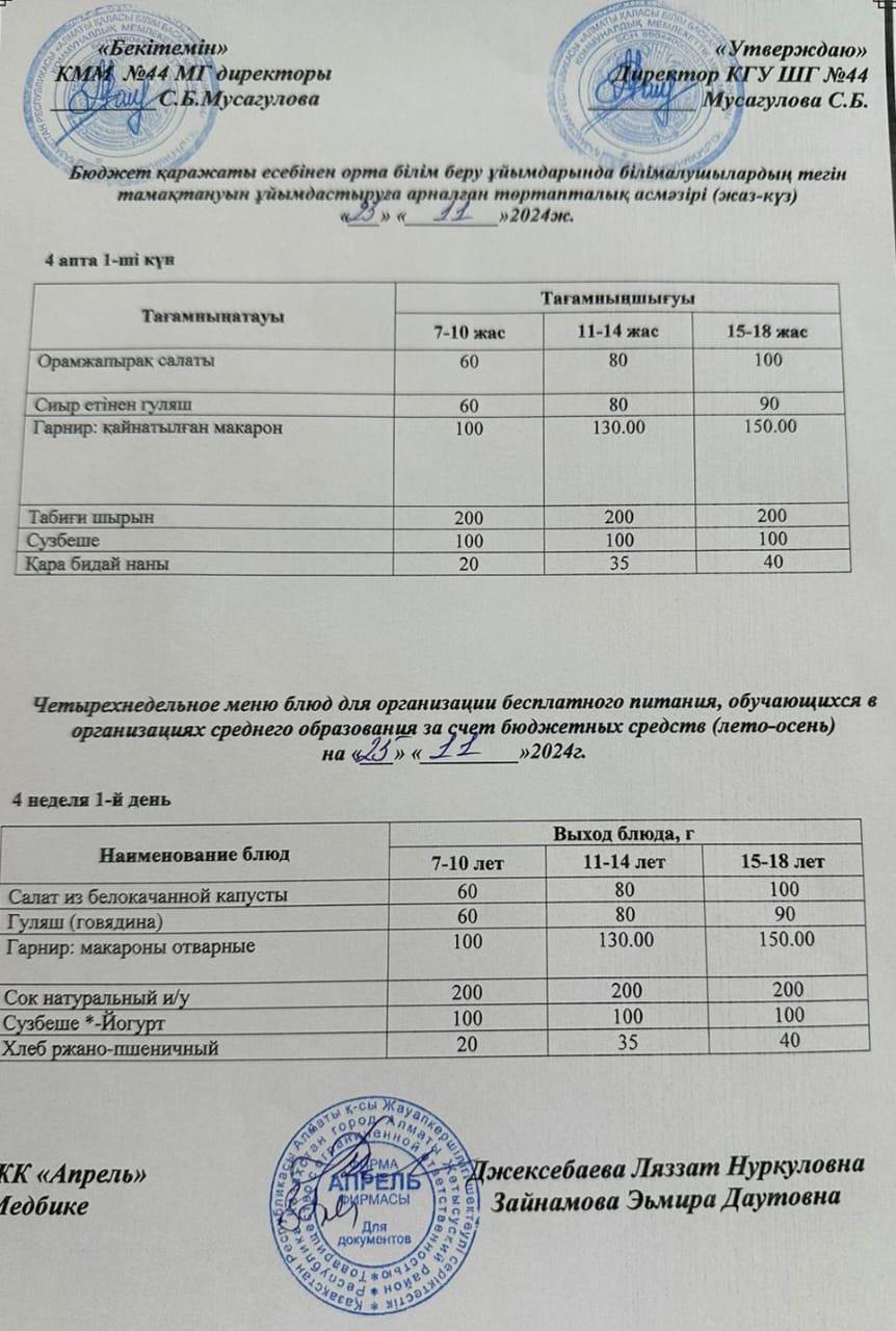 Четырехнедельное меню блюд для организации бесплатного питания обучающихся в организациях среднего образования за счет бюджетных средств лето-осень 2024г