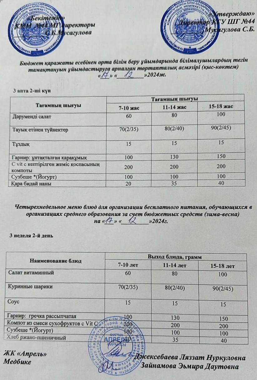 Четырехнедельное меню блюд для организации бесплатного питания обучающихся в организациях среднего образования за счет бюджетных средств зима-весна 2024г