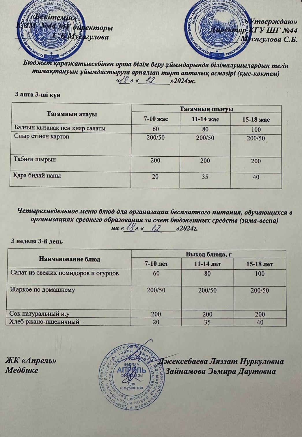 Четырехнедельное меню блюд для организации бесплатного питания обучающихся в организациях среднего образования за счет бюджетных средств зима-весна 2024г