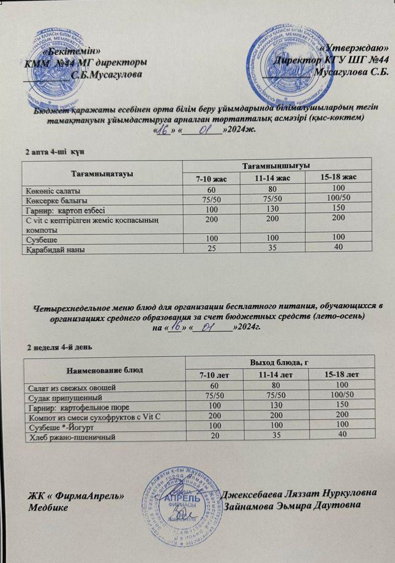 Четырехнедельное меню блюд для организации бесплатного питания обучающихся в организациях среднего образования за счет бюджетных средств зима-весна 2024г