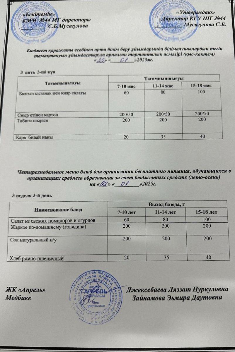 Четырехнедельное меню блюд для организации бесплатного питания обучающихся в организациях среднего образования за счет бюджетных средств зима-весна 2024г