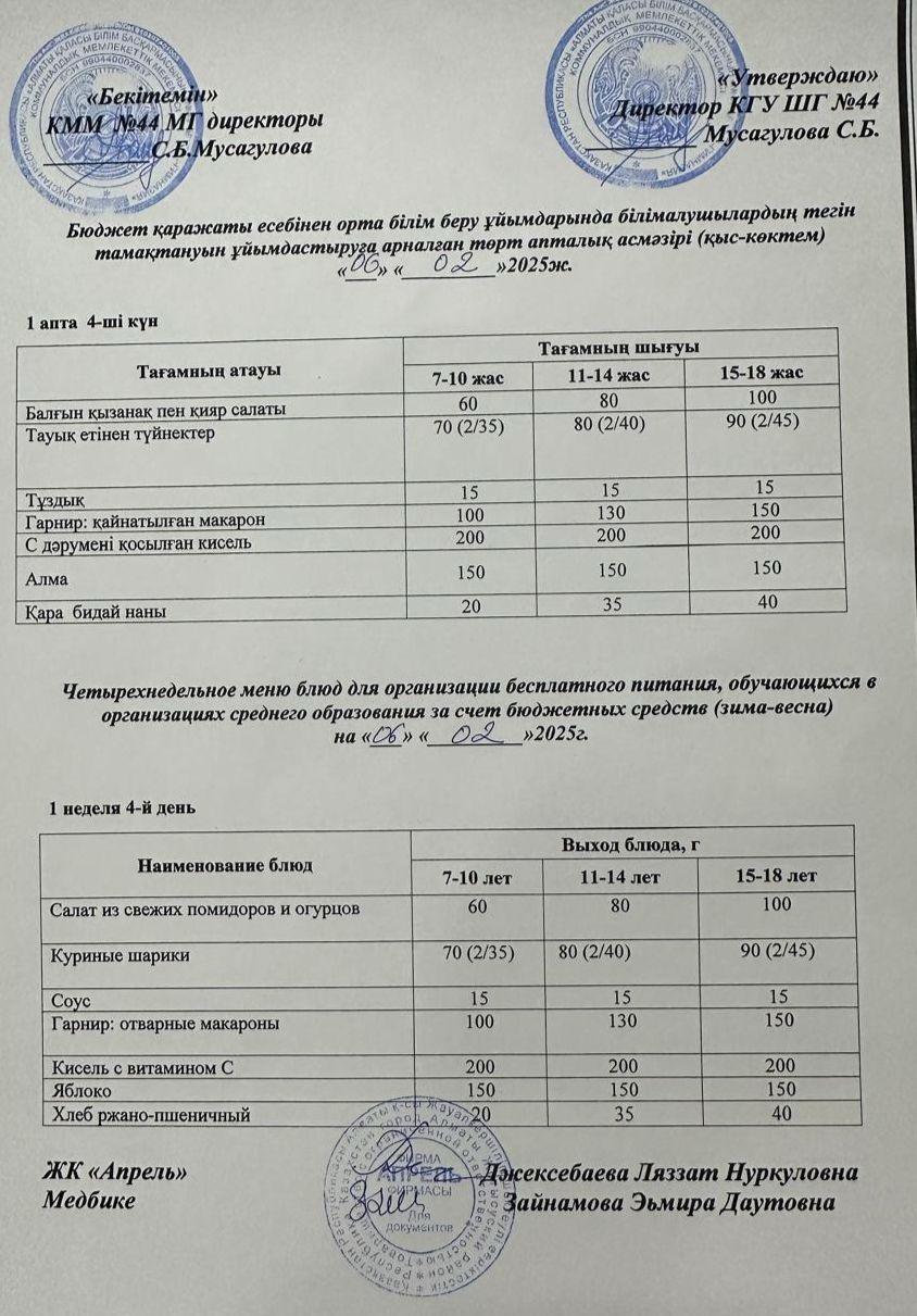 Четырехнедельное меню блюд для организации бесплатного питания обучающихся в организациях среднего образования за счет бюджетных средств зима-весна 2025г