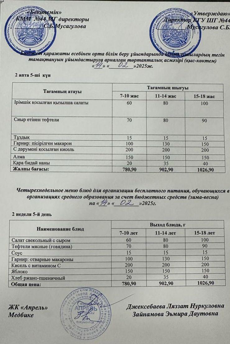 Четырехнедельное меню блюд для организации бесплатного питания обучающихся в организациях среднего образования за счет бюджетных средств зима-весна 2025г