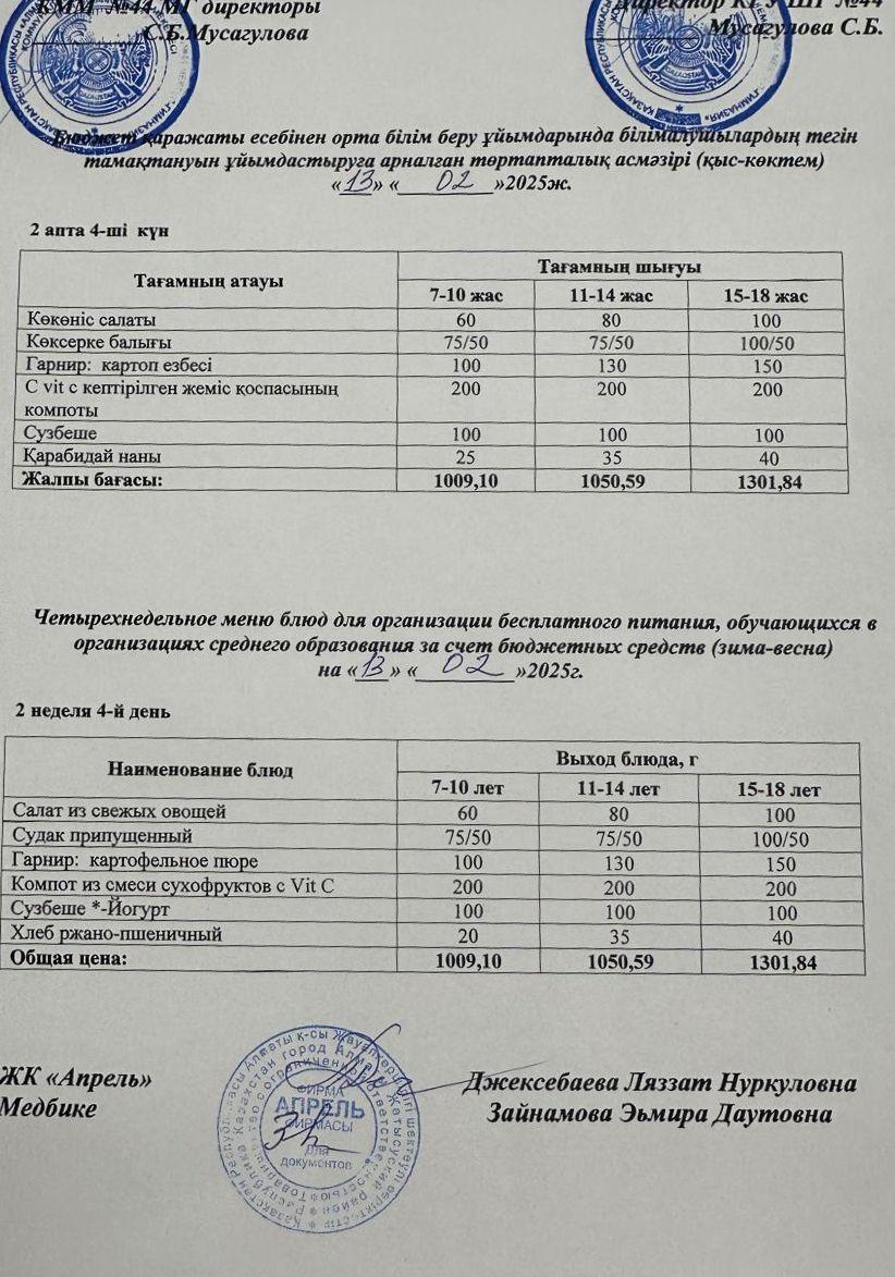 Четырехнедельное меню блюд для организации бесплатного питания обучающихся в организациях среднего образования за счет бюджетных средств зима-весна 2025г