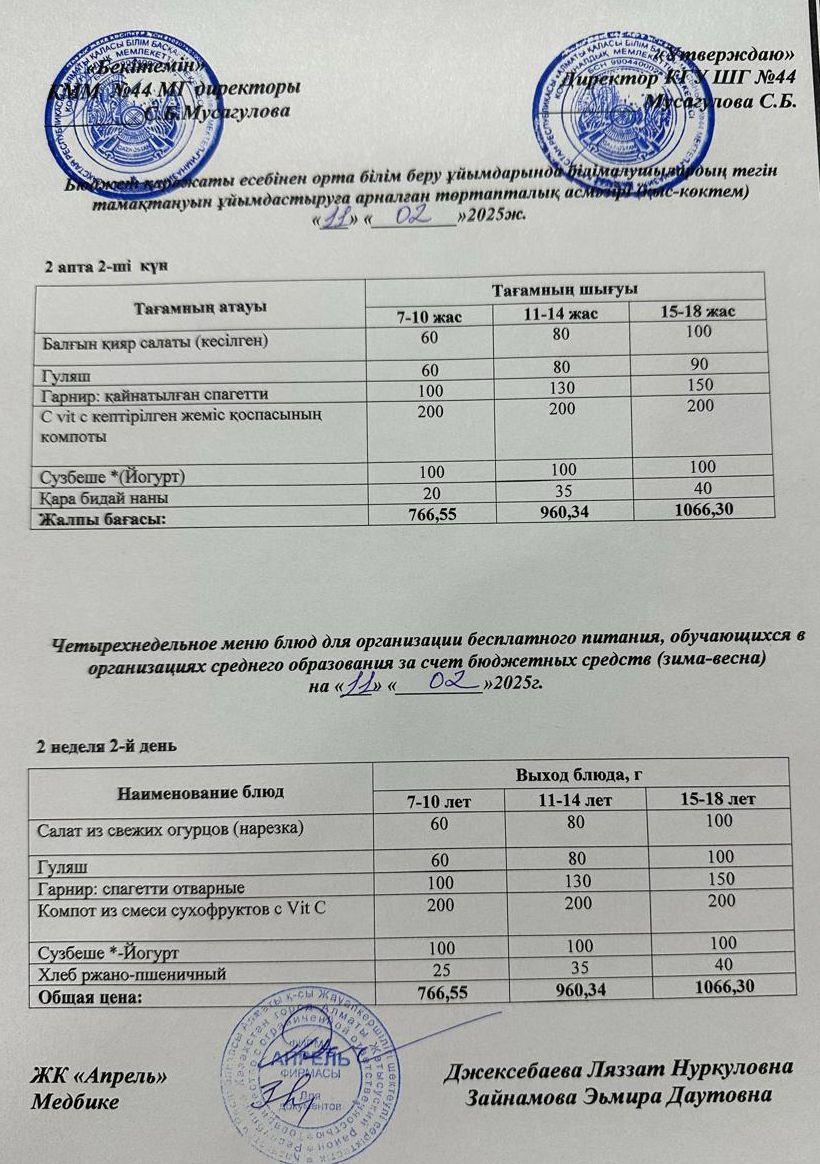 Четырехнедельное меню блюд для организации бесплатного питания обучающихся в организациях среднего образования за счет бюджетных средств зима-весна 2025г