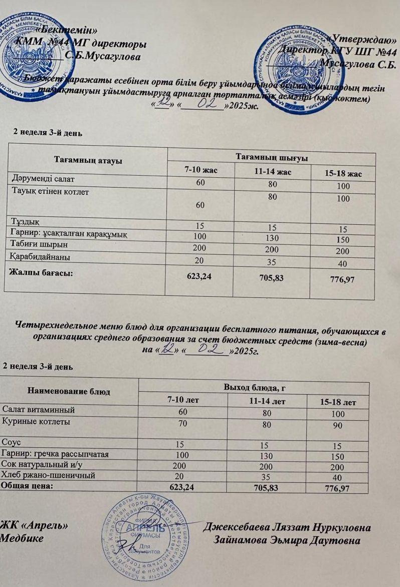 Четырехнедельное меню блюд для организации бесплатного питания обучающихся в организациях среднего образования за счет бюджетных средств зима-весна 2025г