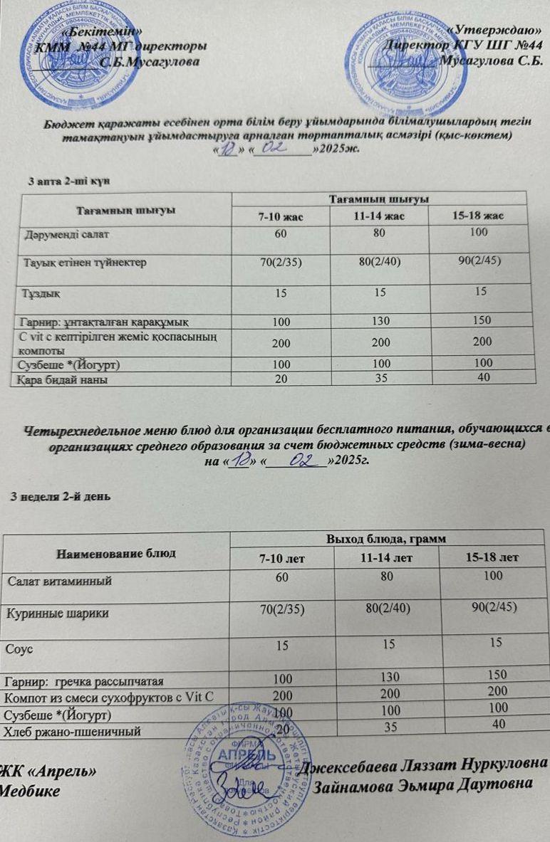 Четырехнедельное меню блюд для организации бесплатного питания обучающихся в организациях среднего образования за счет бюджетных средств зима-весна 2025г