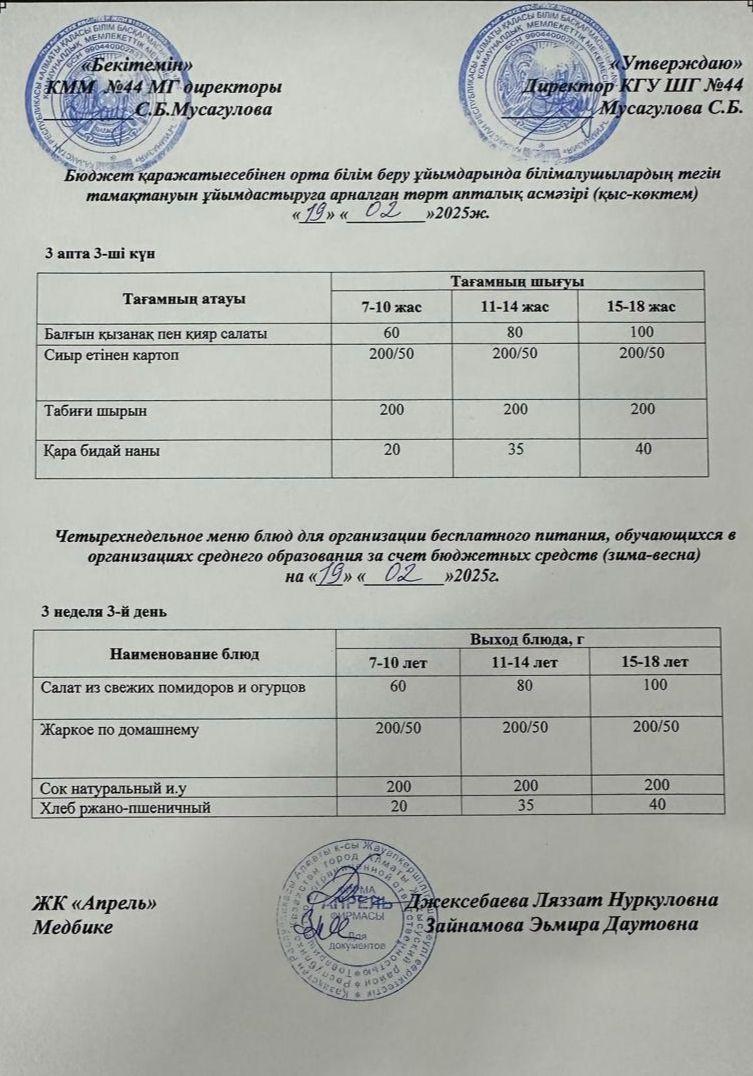 Четырехнедельное меню блюд для организации бесплатного питания обучающихся в организациях среднего образования за счет бюджетных средств зима-весна 2025г