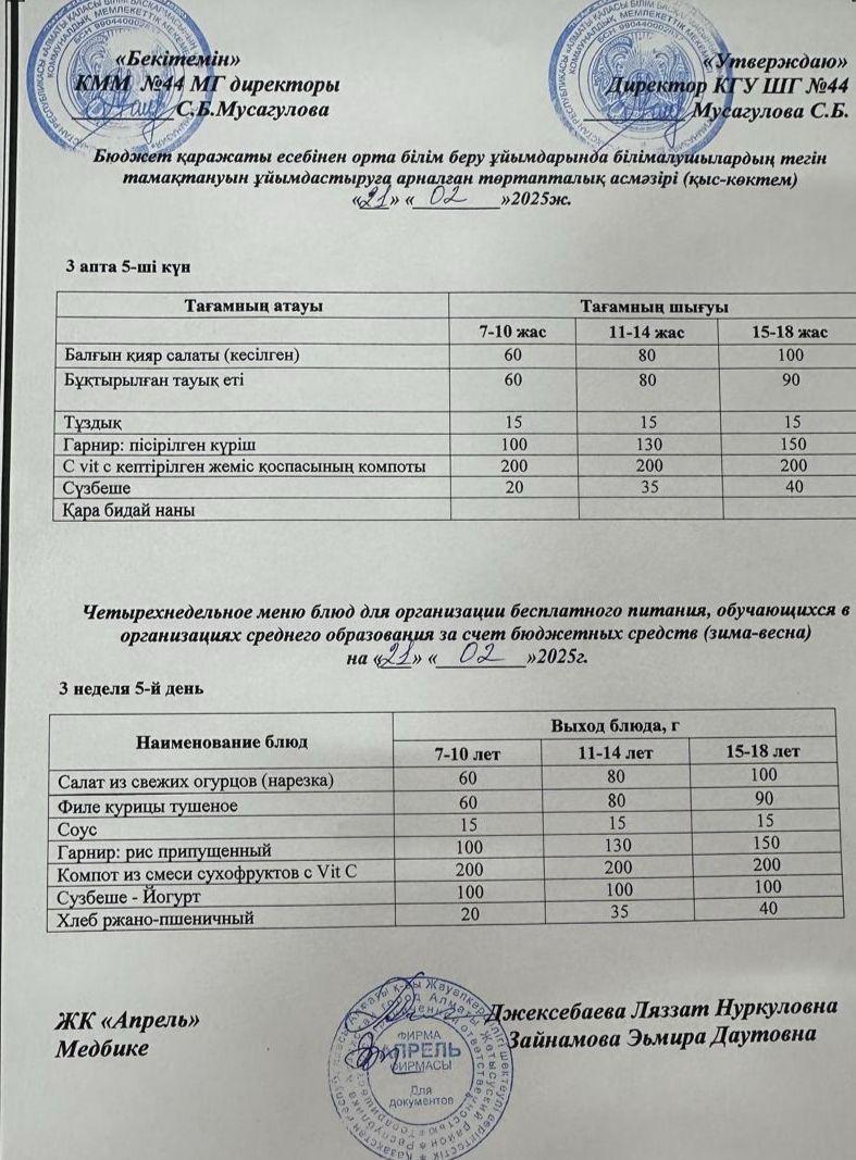 Четырехнедельное меню блюд для организации бесплатного питания обучающихся в организациях среднего образования за счет бюджетных средств зима-весна 2025г