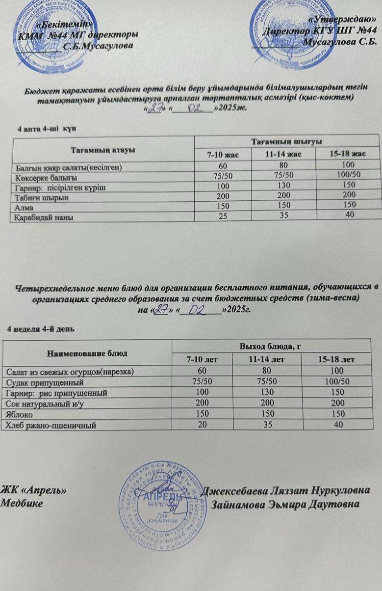 Четырехнедельное меню блюд для организации бесплатного питания обучающихся в организациях среднего образования за счет бюджетных средств зима-весна 2025г