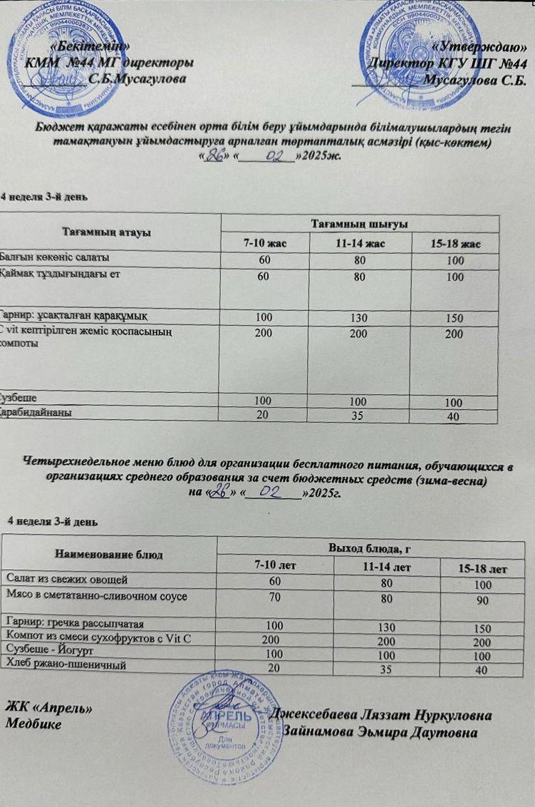 Четырехнедельное меню блюд для организации бесплатного питания обучающихся в организациях среднего образования за счет бюджетных средств зима-весна 2025г