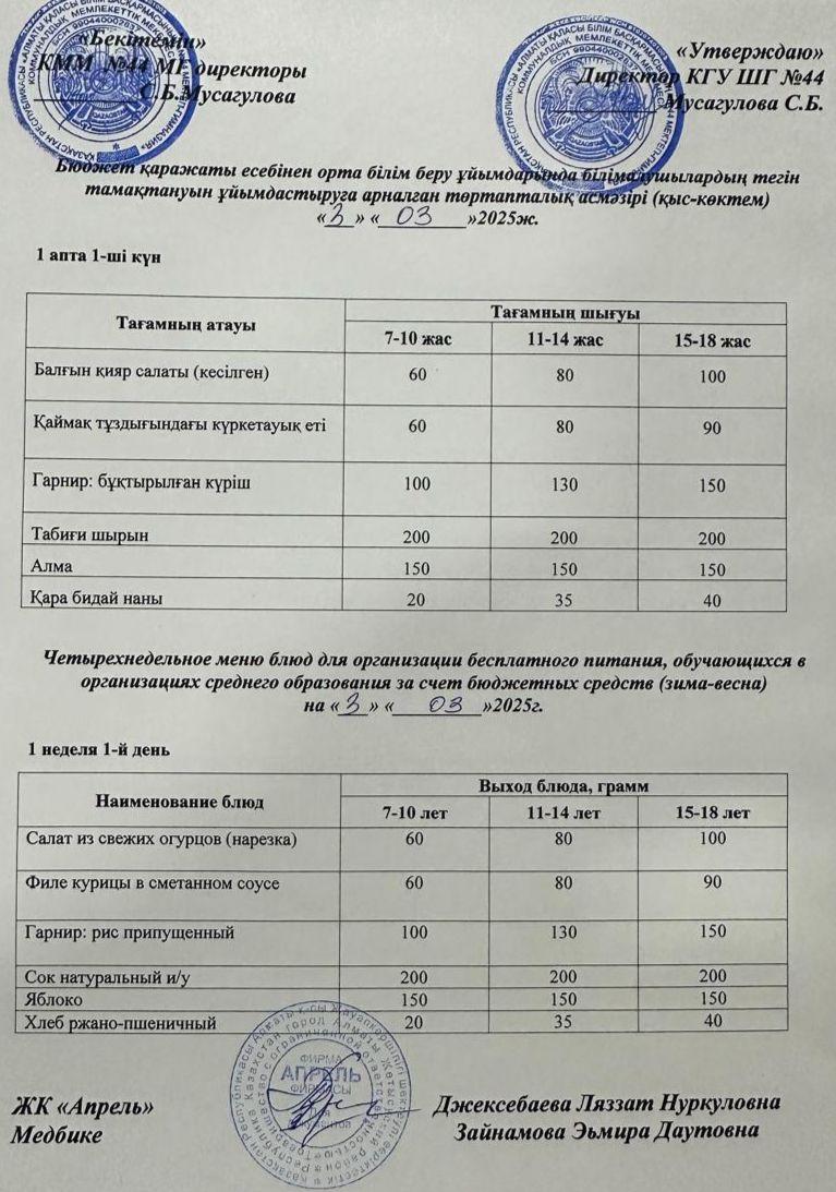 Четырехнедельное меню блюд для организации бесплатного питания обучающихся в организациях среднего образования за счет бюджетных средств зима-весна 2025г