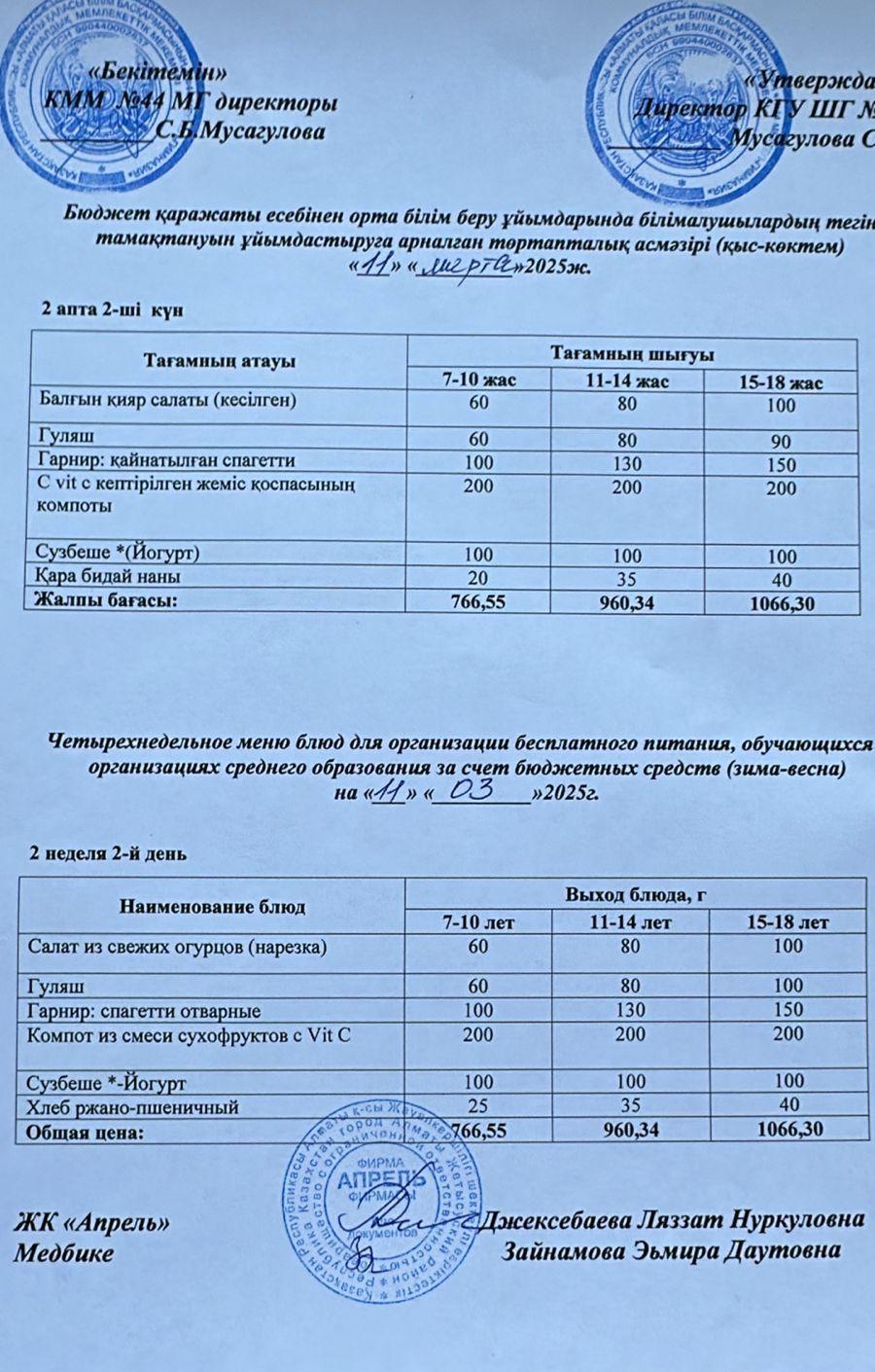 Четырехнедельное меню блюд для организации бесплатного питания обучающихся в организациях среднего образования за счет бюджетных средств зима-весна 2025г