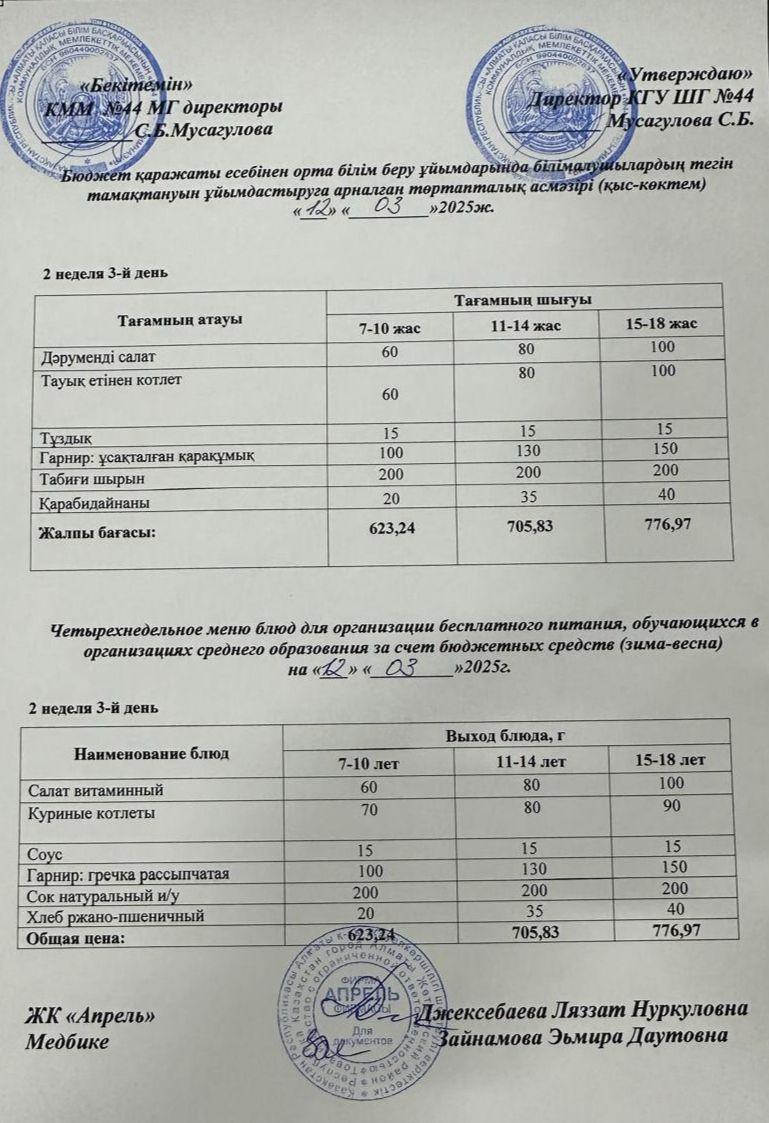 Четырехнедельное меню блюд для организации бесплатного питания обучающихся в организациях среднего образования за счет бюджетных средств зима-весна 2025г