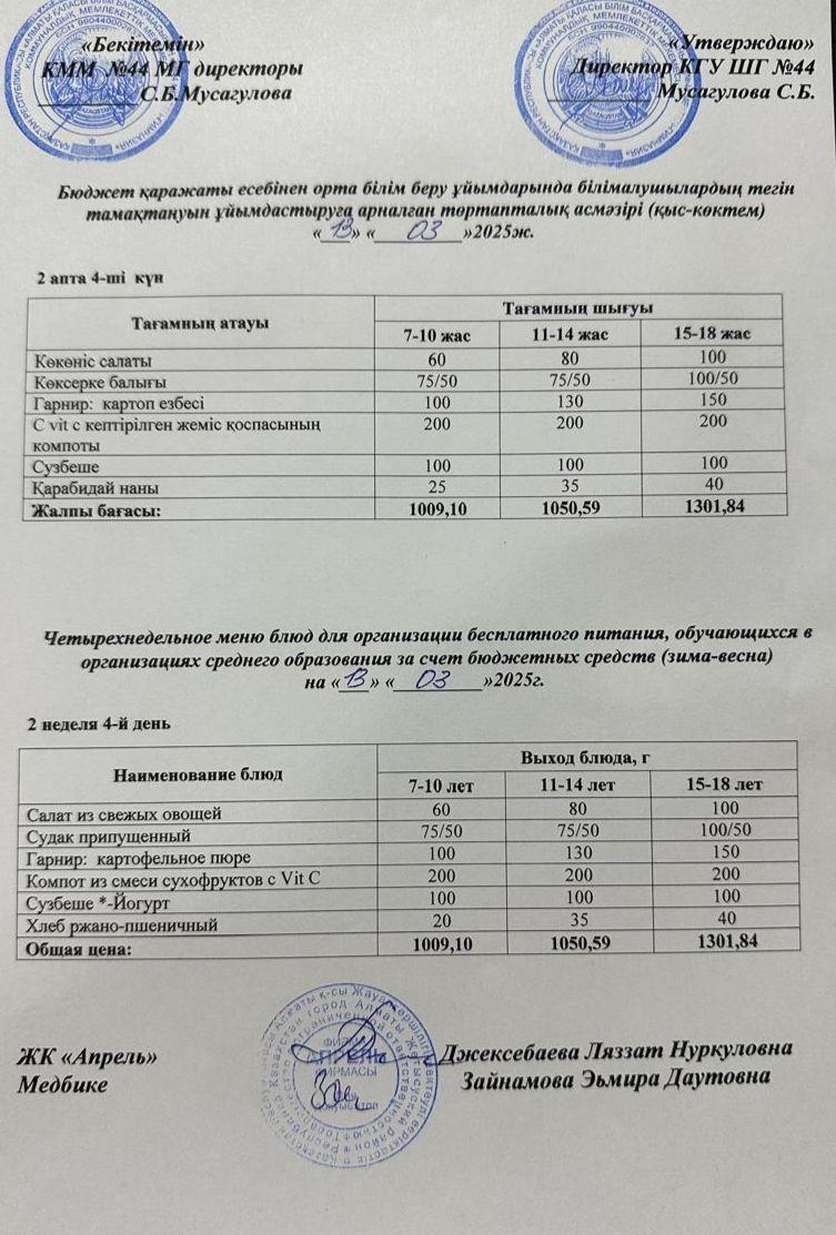 Четырехнедельное меню блюд для организации бесплатного питания обучающихся в организациях среднего образования за счет бюджетных средств зима-весна 2025г