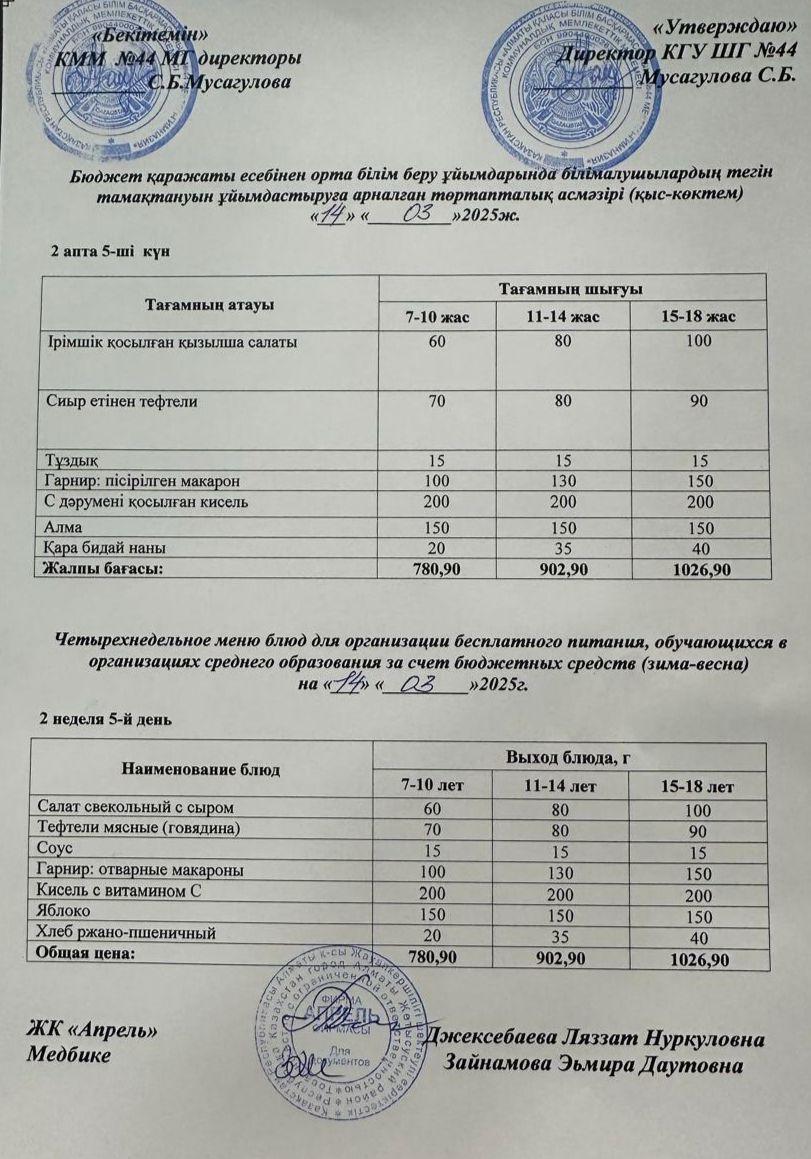 Четырехнедельное меню блюд для организации бесплатного питания обучающихся в организациях среднего образования за счет бюджетных средств зима-весна 2025г