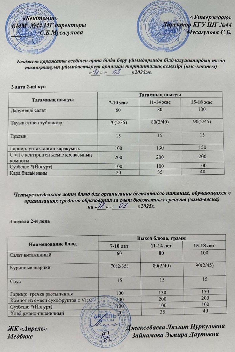 Четырехнедельное меню блюд для организации бесплатного питания обучающихся в организациях среднего образования за счет бюджетных средств зима-весна 2025г