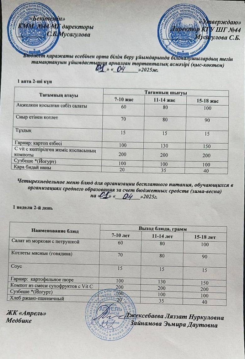 Четырехнедельное меню блюд для организации бесплатного питания обучающихся в организациях среднего образования за счет бюджетных средств зима-весна 2025г