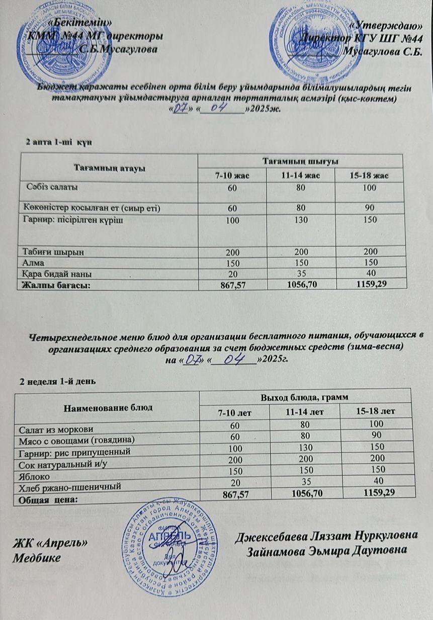 Четырехнедельное меню блюд для организации бесплатного питания обучающихся в организациях среднего образования за счет бюджетных средств зима-весна 2025г