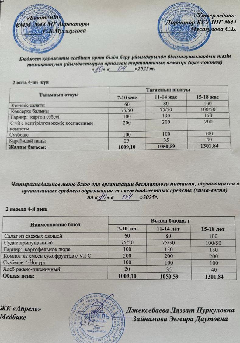 Четырехнедельное меню блюд для организации бесплатного питания обучающихся в организациях среднего образования за счет бюджетных средств зима-весна 2025г