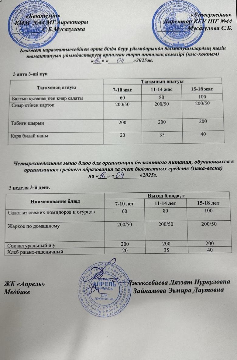 Четырехнедельное меню блюд для организации бесплатного питания обучающихся в организациях среднего образования за счет бюджетных средств зима-весна 2025г