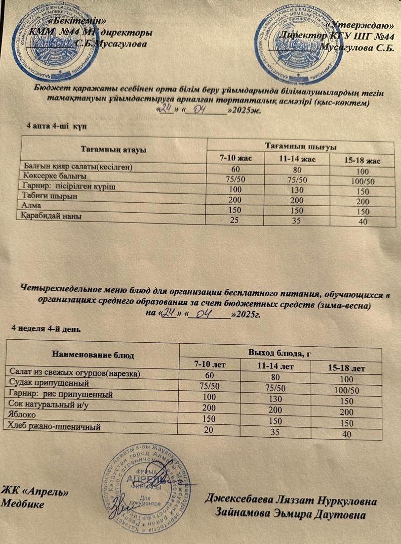 Четырехнедельное меню блюд для организации бесплатного питания обучающихся в организациях среднего образования за счет бюджетных средств зима-весна 2025г