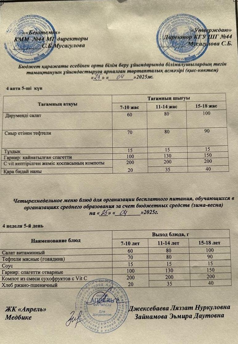 Четырехнедельное меню блюд для организации бесплатного питания обучающихся в организациях среднего образования за счет бюджетных средств зима-весна 2025г