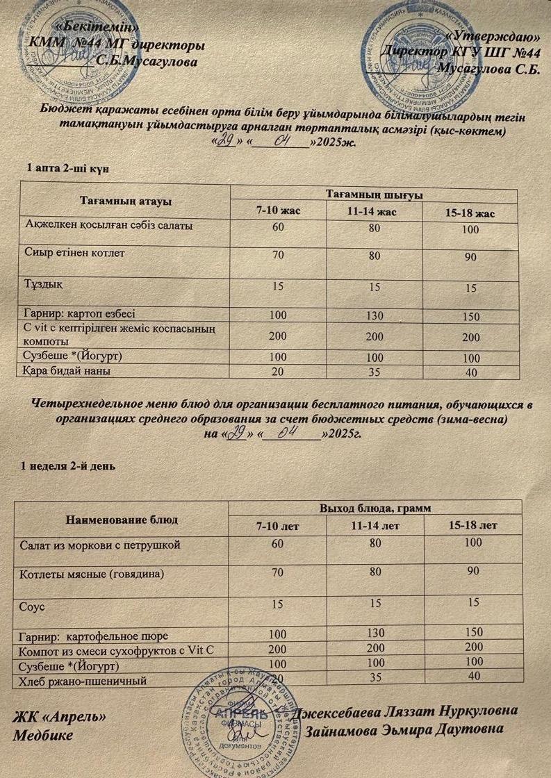 Четырехнедельное меню блюд для организации бесплатного питания обучающихся в организациях среднего образования за счет бюджетных средств зима-весна 2025г