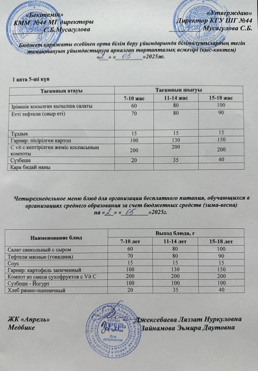 Четырехнедельное меню блюд для организации бесплатного питания обучающихся в организациях среднего образования за счет бюджетных средств зима-весна 2025г