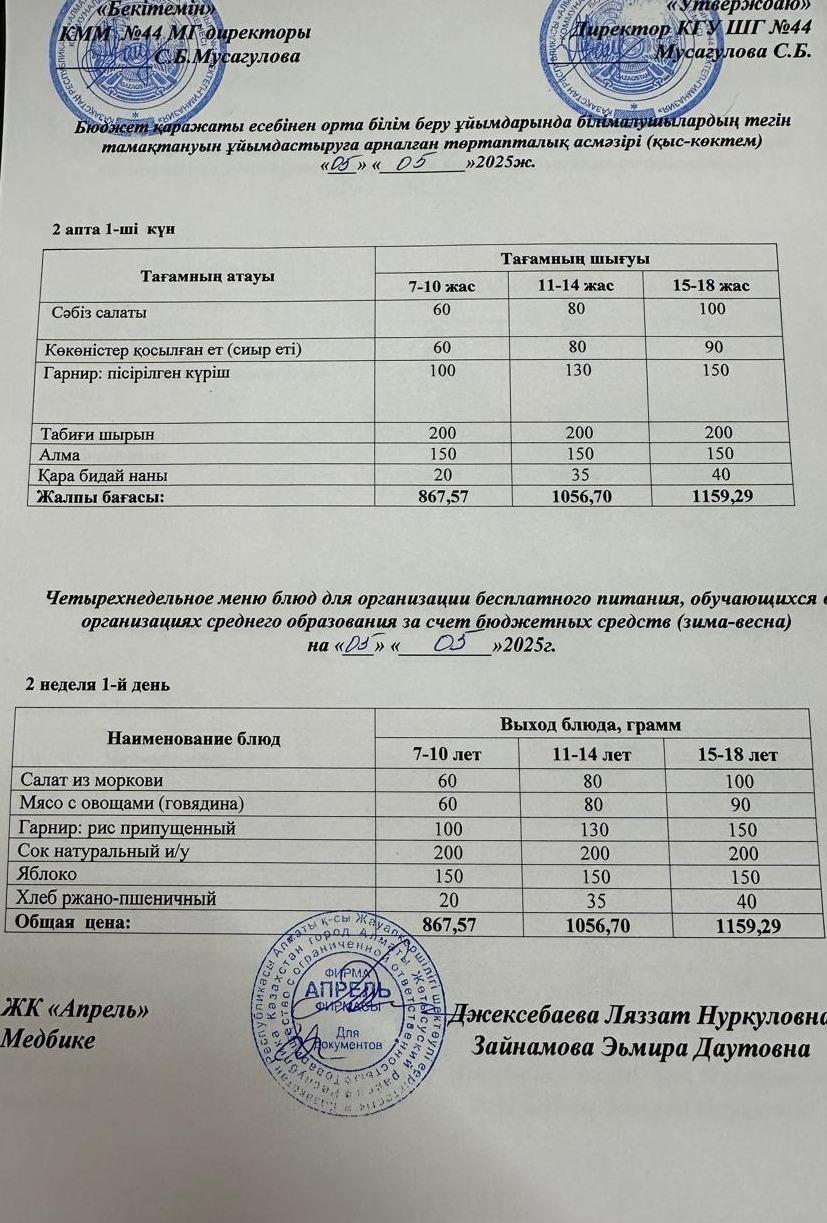 Четырехнедельное меню блюд для организации бесплатного питания обучающихся в организациях среднего образования за счет бюджетных средств зима-весна 2025г