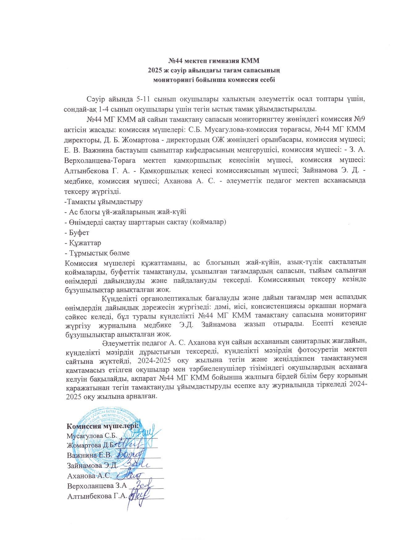 Сәуір айындағы тамақтану сапасын мониторингілеу бойынша комиссия есебі 2025ж/Отчёт комиссии по мониторингу качества питания за апрель 2025г