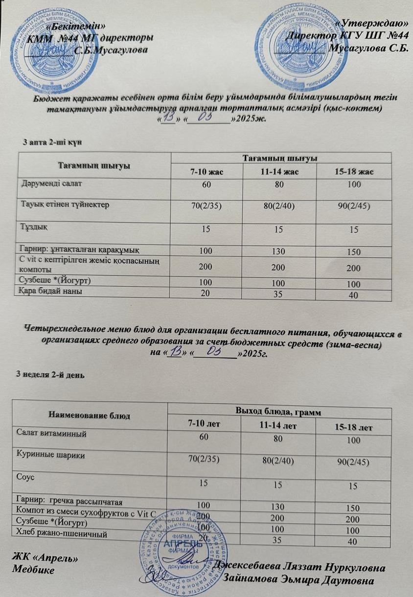 Четырехнедельное меню блюд для организации бесплатного питания обучающихся в организациях среднего образования за счет бюджетных средств зима-весна 2025г