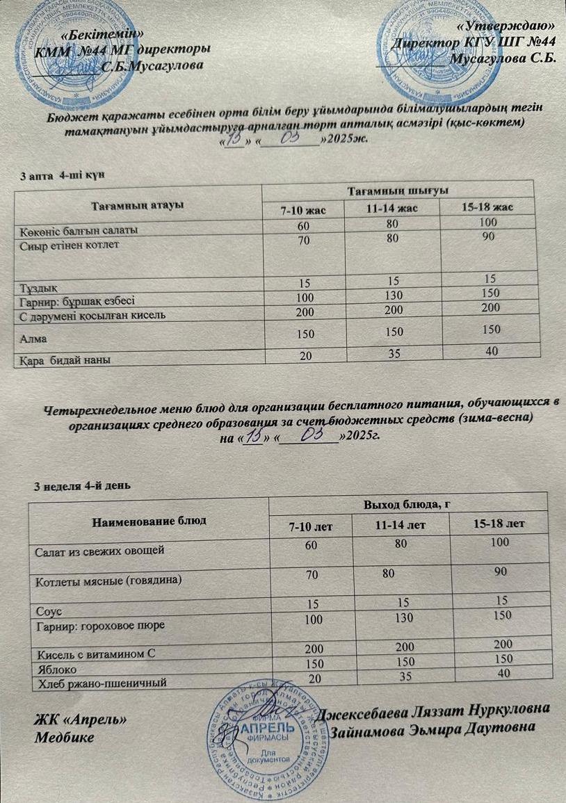 Четырехнедельное меню блюд для организации бесплатного питания обучающихся в организациях среднего образования за счет бюджетных средств зима-весна 2025г