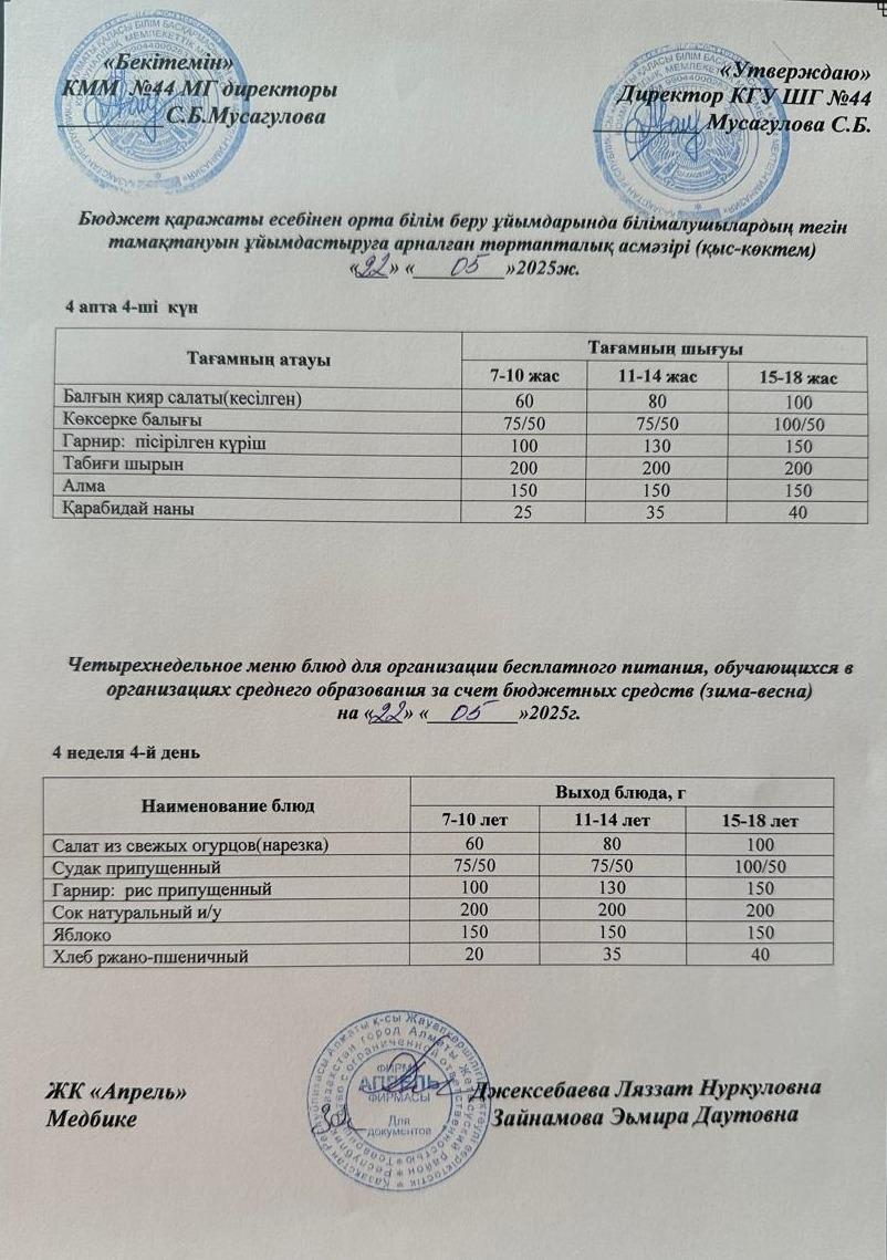 Четырехнедельное меню блюд для организации бесплатного питания обучающихся в организациях среднего образования за счет бюджетных средств зима-весна 2025г