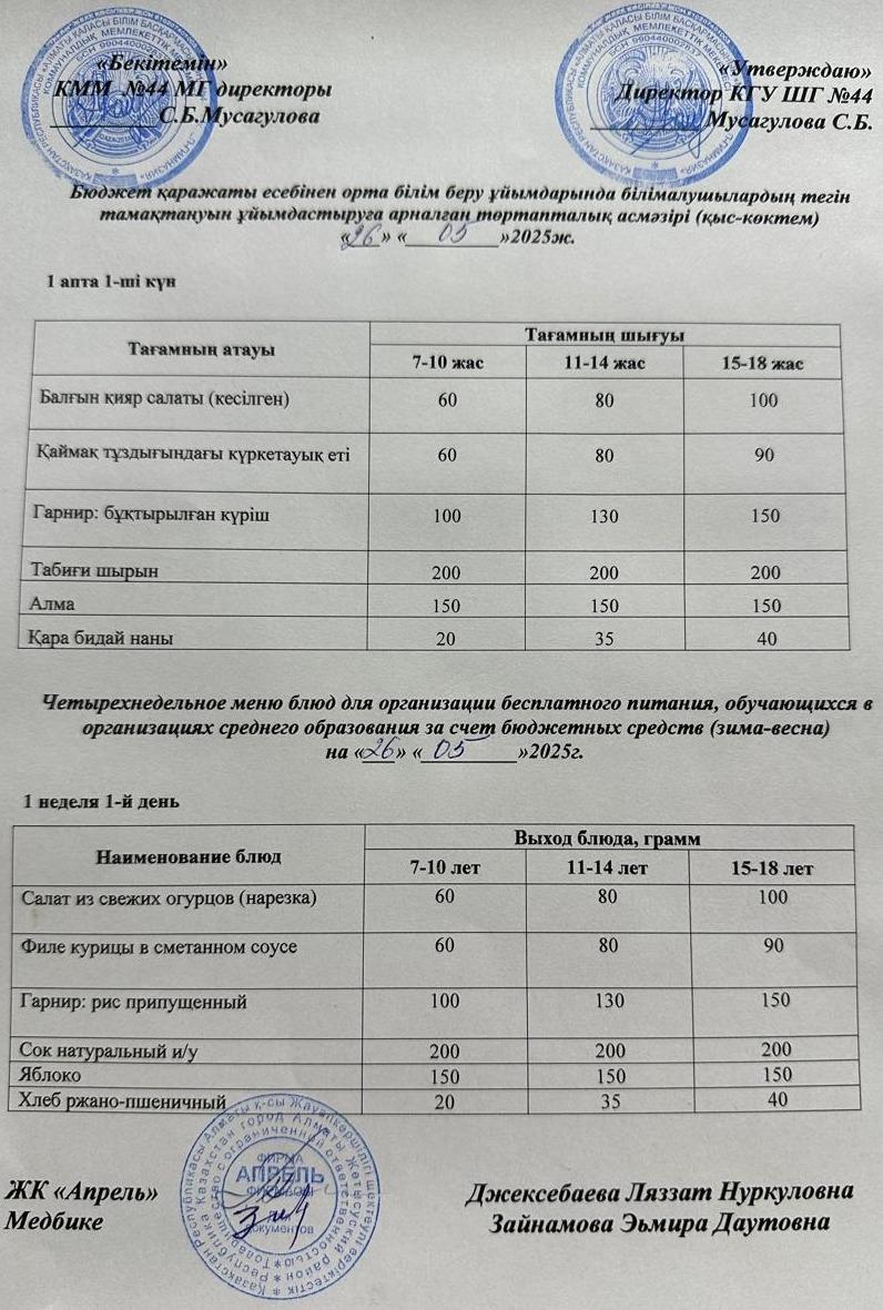 Меню бесплатного горячего питания пришкольного лагеря 2024-2025 учебный год